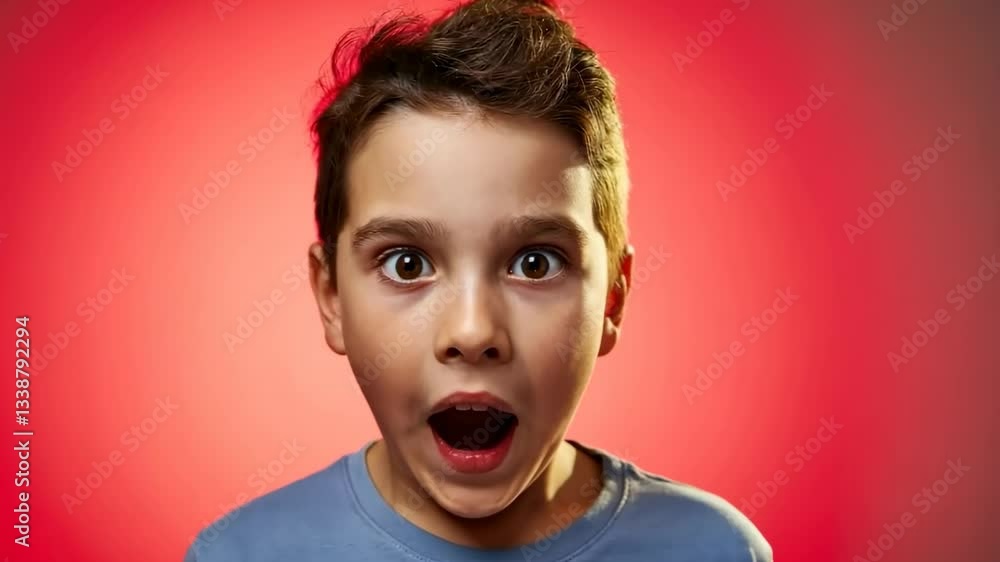 Surprised child reacting to unexpected event against vibrant red background Surprised child reacting to unexpected event against vibrant red background