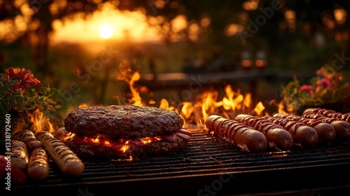 A rustic BBQ grill with burgers and hot dogs cooking over open flames during a golden sunset. Generative AI