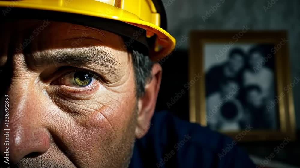 Determined construction worker deep in thought with intense focus highlighted in closeup Determined construction worker deep in thought with intense focus highlighted in closeup