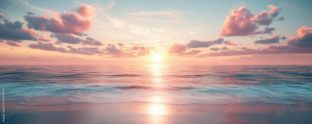 Fototapeta premium Sunset over ocean landscapes idea. Breathtaking sunset over calm ocean waters with colorful clouds and serene sky.