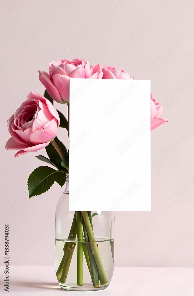 Obraz premium Postcard for Mother's Day. Pink background. Postcard layout made of white blank paper and beautiful flowers. Spring bouquet. 