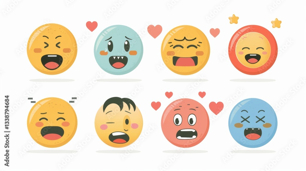 Fototapeta premium Striking Flat - Style Vector Emoji Set: Diverse Reactions for Social Networks, Isolated on White