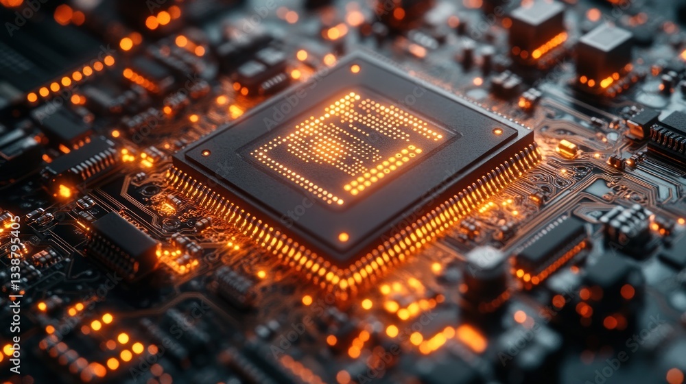 Illuminated Microchip: A Close-Up of a Modern Computer Processor Illuminated Microchip: A Close-Up of a Modern Computer Processor