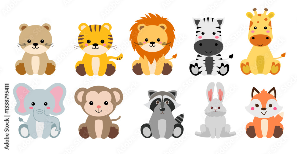 Fototapeta premium cute wild animals cartoon illustration baby shower woodland bear tiger lion zebra giraffe elephant monkey fox rabbit raccoon