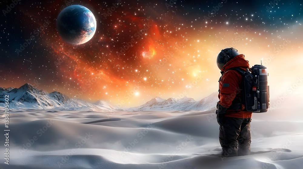 Obraz premium A lone astronaut stands in a vast snow covered alien landscape gazing up at the colorful aurora and distant planets in the night sky symbolizing the wonder and challenges of space