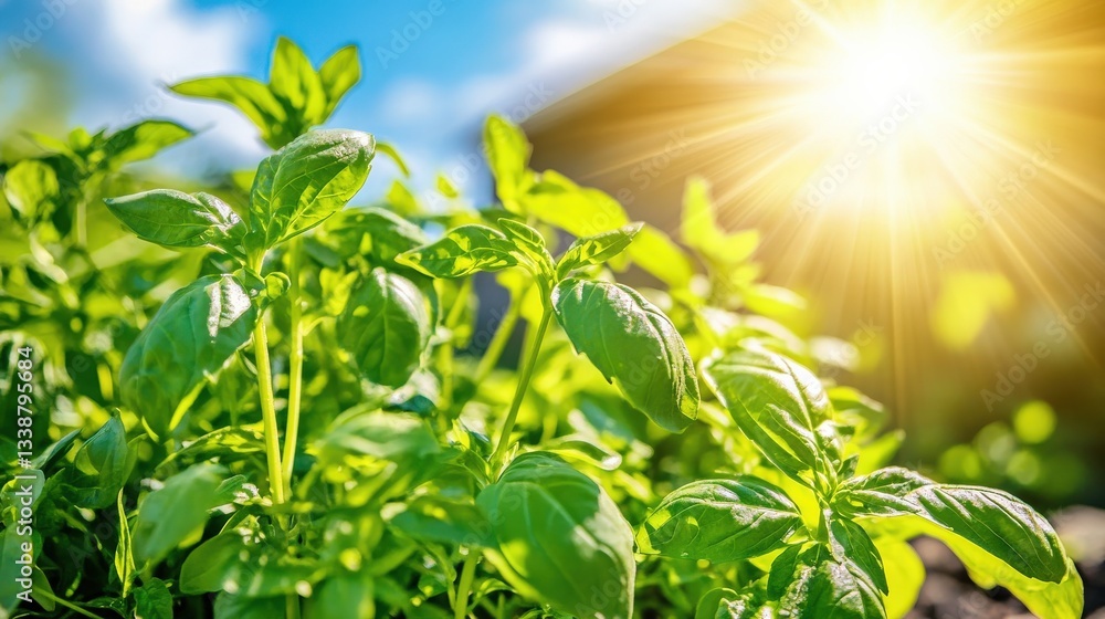 Obraz premium Sunlit basil plants growing vibrantly in the garden nature photography outdoor setting warm environment
