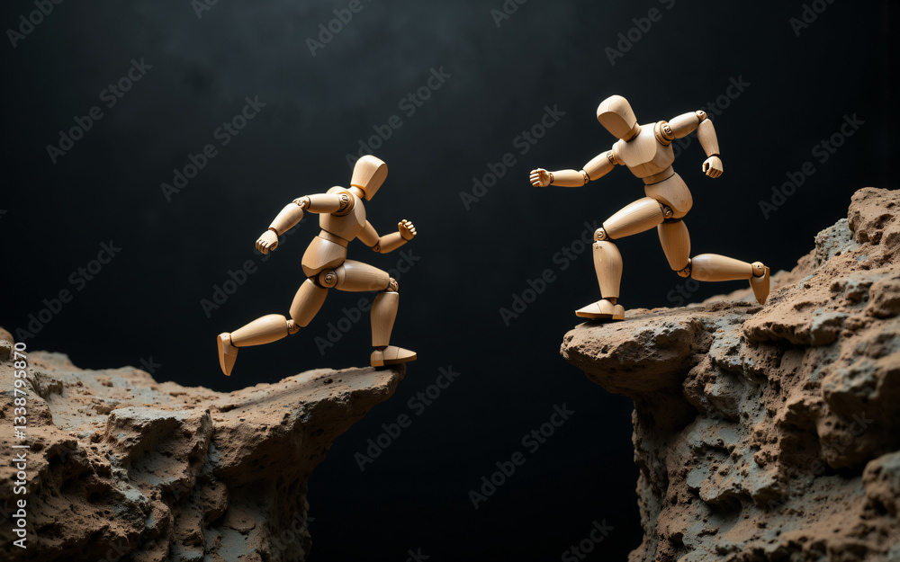 Two wooden figures positioned on rocky cliffs face each other, seemingly running towards the edges. A dark backdrop enhances the contrast with the figures and terrain. Two wooden figures positioned on rocky cliffs face each other, seemingly running towards the edges. A dark backdrop enhances the contrast with the figures and terrain.
