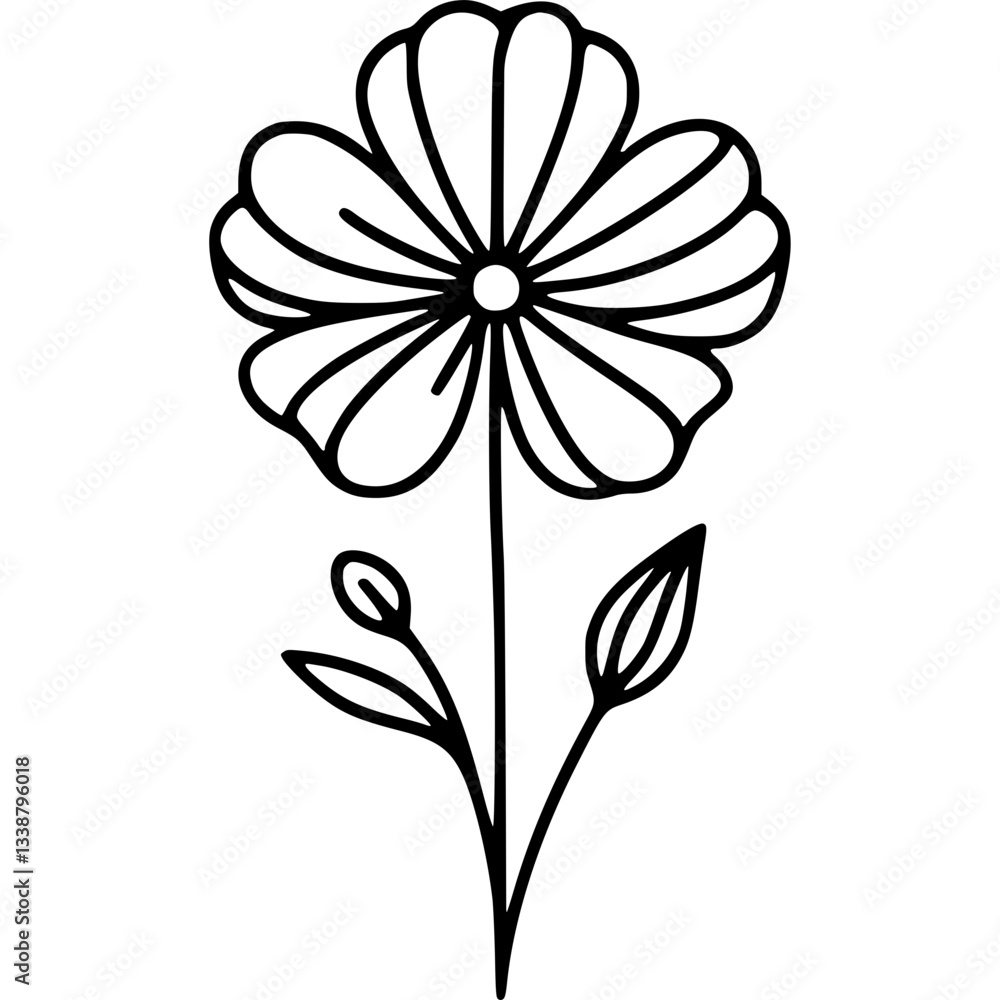 Flower line drawing of a flower with petals and leaves in black and white flower art. Floral line art of a flower with stem and leaves in minimalist style Flower line drawing of a flower with petals and leaves in black and white flower art. Floral line art of a flower with stem and leaves in minimalist style