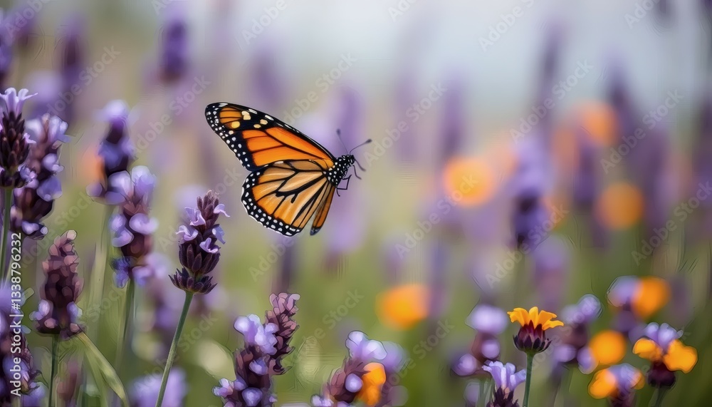 Naklejka premium Monarch Butterfly Hovering Over Beautiful Lavender Field with Orange and Purple Flowers