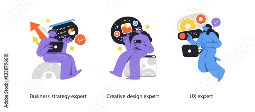 Illustration of professionals in business strategy, creative design, and UX. Depicts experts analyzing data, developing concepts, and optimizing user experience through technology and innovation.