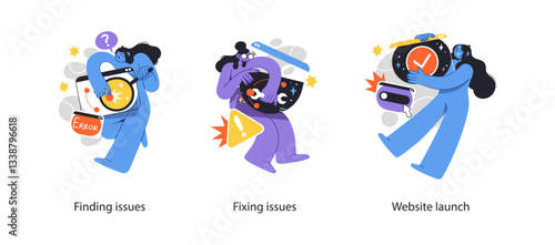 Illustration depicting the website development process, from identifying and fixing issues to a successful website launch, using abstract characters.
