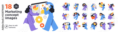 Set of marketing concept illustrations with stylized characters analyzing data, planning strategy, and optimizing digital growth. Includes teamwork, branding, social media, and business development.