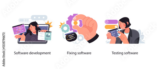 Scenes illustrating software development, debugging, and testing. Depicts coding, bug fixing, and quality assurance in a modern digital environment. Ideal for tech and IT-related content.