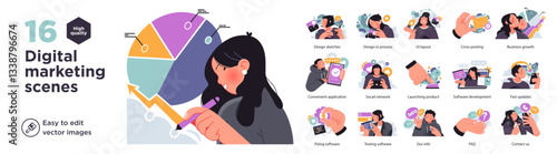 Set of digital marketing scenes illustrating business growth, social media, UI design, software development, and online communication. Modern vector style, ideal for marketing projects.