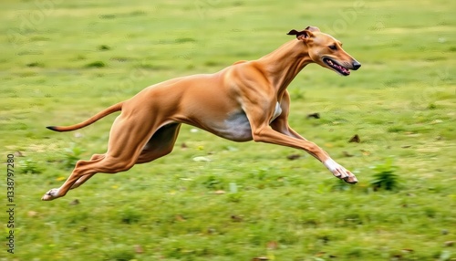Running Greyhound Dog on a Green Field in Motion Action Shot Photography