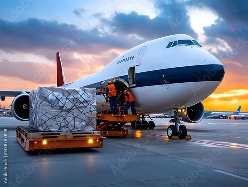 Cargo aircraft loading freight and luggage at the airport as the sun sets with workers unloading containers on the