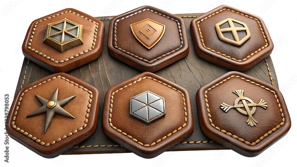 A Collection Of Six Hexagonal Leather-bound Badges, Each Featuring A Unique Metallic Emblem Symbolizing Different Achievements, Displayed On A Rustic Wooden Board, Showcasing Intricate Craftsmanship A A Collection Of Six Hexagonal Leather-bound Badges, Each Featuring A Unique Metallic Emblem Symbolizing Different Achievements, Displayed On A Rustic Wooden Board, Showcasing Intricate Craftsmanship A