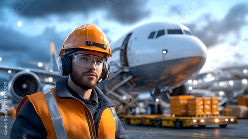 A ground crew member in protective gear standing near a large commercial aircraft on the airport runway during inclement weather and night