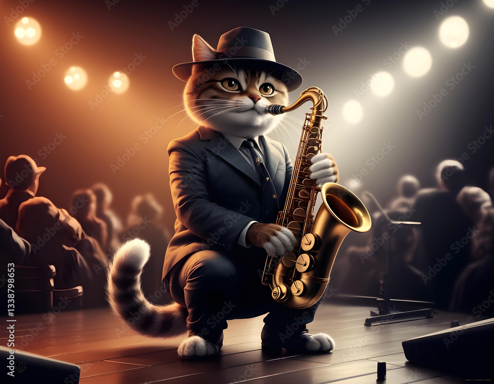 Charming jazz cat playing saxophone on a moody stage in vintage noir style