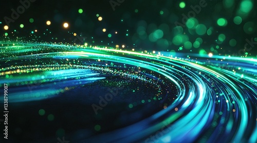 Abstract Tech Flow: A mesmerizing, abstract visual representation of technology's dynamic flow, featuring streams of light in shades of teal and green, creating a sense of energy and connectivity.