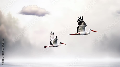 Two birds flying over a lake in the morning