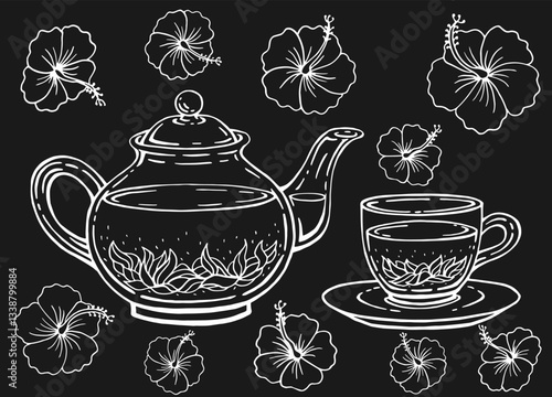 Tea set with healthy green tea, hibiscus. Teapot and cup. Hand drawn vector illustration.