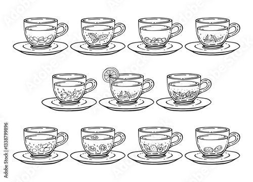 Set of cup of tea with healthy tea. Hand drawn vector illustration.