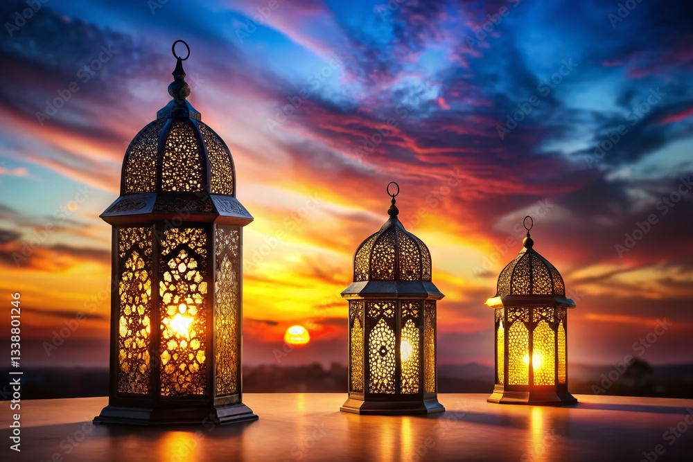 Silhouette of Arabic Lanterns at Dusk - Empty Space for Text Overlay Silhouette of Arabic Lanterns at Dusk - Empty Space for Text Overlay