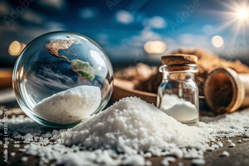 Sea salt in a glass ball on a wooden background. Selective focus.