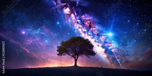 Silhouette of a lone tree against a magical, textured night sky, stars, galaxy