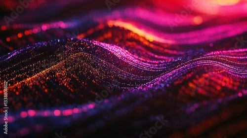 Abstract digital waves of glowing particles in pink, orange and blue color on a black background