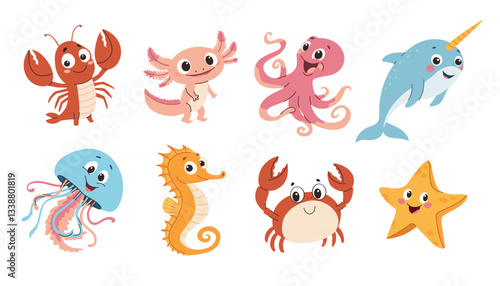 Set of cute cartoon sea animals. A cute drawing in a childish style. Seahorse, narwhal, axolotl, starfish, jellyfish, octopus, crab, lobster. Vector illustration isolated on white background.