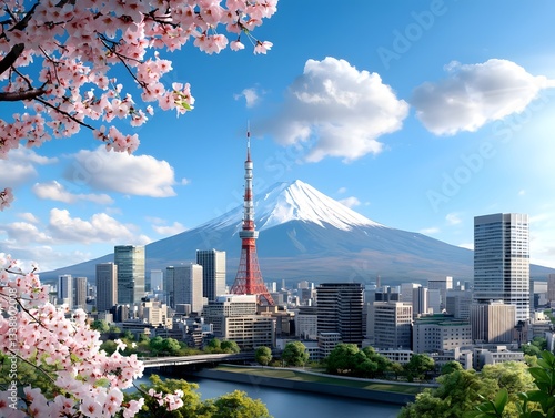 Breathtaking view of Tokyo s skyline in springtime with vibrant pink cherry blossoms framing the iconic silhouette of Mount Fuji in the distance