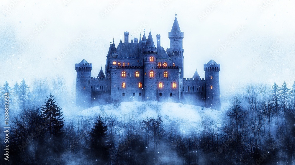 Fototapeta premium A magical holiday party in a snowy castle with glowing turrets and interactive light shows, fantasy setting, and intricate digital painting. , closes up