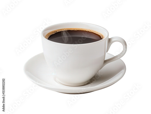 A steaming cup of black coffee in a white ceramic cup on a matching saucer.