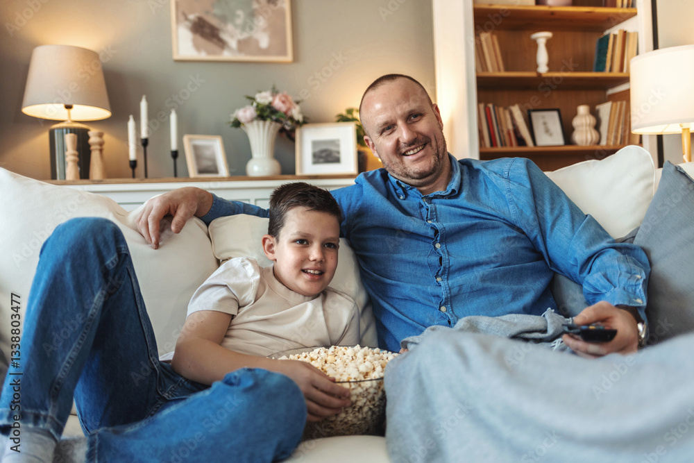 Obraz premium Home cinema. Happy father and son watching film on TV and eating popcorn, resting on comfy sofa in living room, free space. Family enjoying weekend, spending time together.