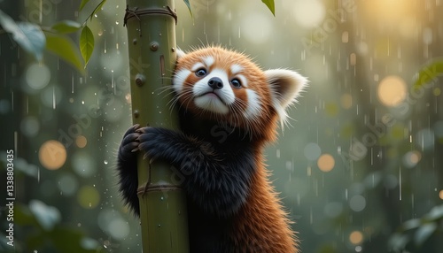 Adorable red panda clinging to a bamboo stalk in a serene, rainy forest setting.