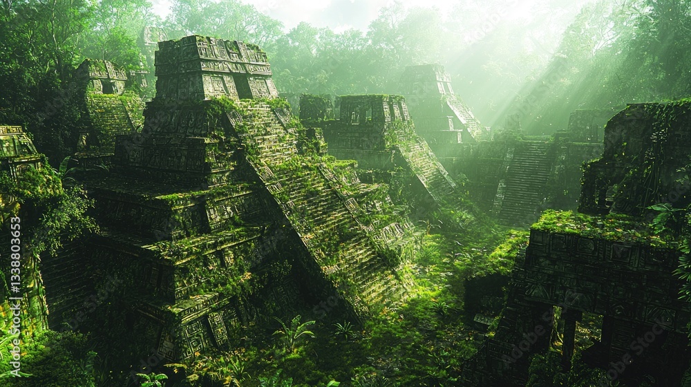 Obraz premium Ancient stone temples are overgrown by lush green rainforest vegetation