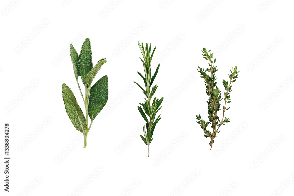 Fresh herbs including sage, rosemary, and thyme on display Fresh herbs including sage, rosemary, and thyme on display