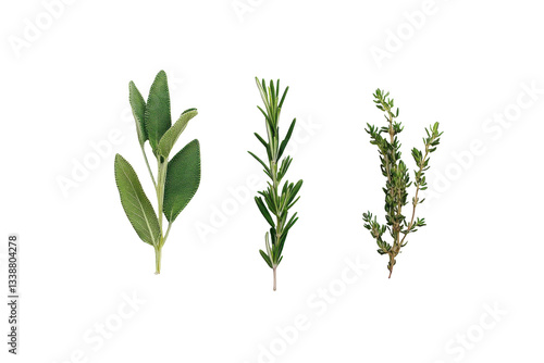 Fresh herbs including sage, rosemary, and thyme on display