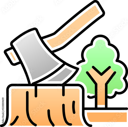Deforestation icon. Forest tree cutting with lumber axe logo. Illustration of forest conservation.