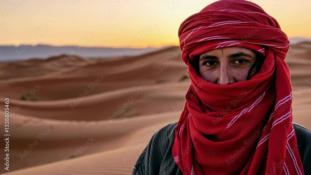 Mysterious desert wanderer at sunset with red turban amidst sand dunes Mysterious desert wanderer at sunset with red turban amidst sand dunes