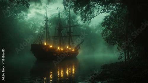 Fototapeta Naklejka Na Ścianę i Meble -  Foggy Forest River Pirate Ship