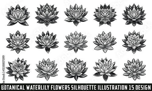 Detailed Waterlily Flower Silhouette Vector, Botanical Floral Art Design, Vintage Waterlily Silhouette