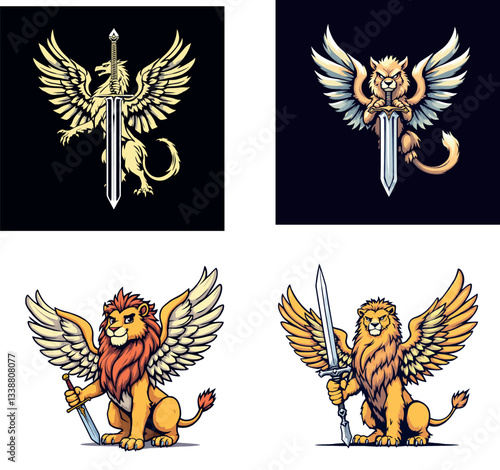 Vsai winged lion and griffin holding swords, mascot logo set