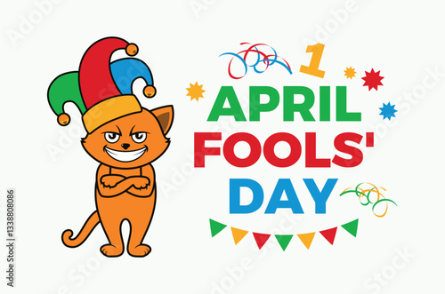 Funny cat with jester's hat vector illustration. Smiling cat with fools cap with bells cartoon character. April Fools' Day poster vector illustration. Template for background, banner, card