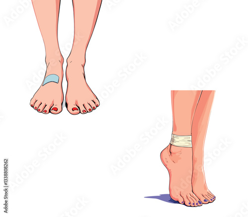 Vsai woman applying plaster on foot and bandaging ankle, foot care and injury treatment