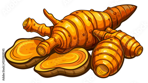 Fresh turmeric roots on a white background showcasing their vibrant orange flesh and textured skin, Fresh turmeric isolated on white background