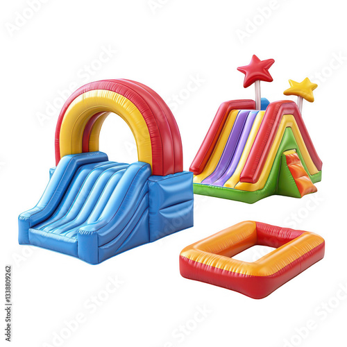 Colorful inflatable bounce house and slide set. Two units on a white background with glossy vinyl texture. Playful fun and celebration energy. Perfect for party rentals, event promos