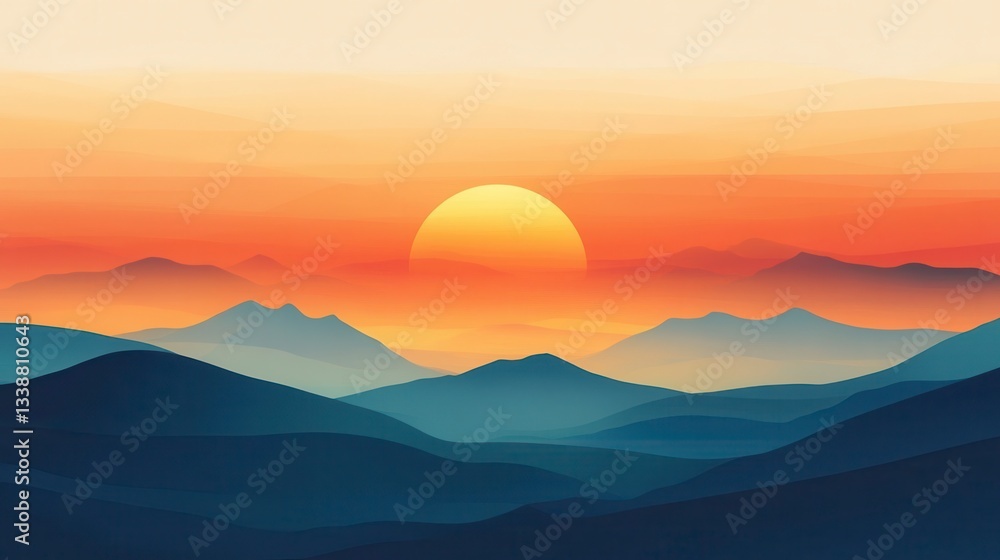 Obraz premium Serene Sunset over Misty Mountains A Minimalist Landscape